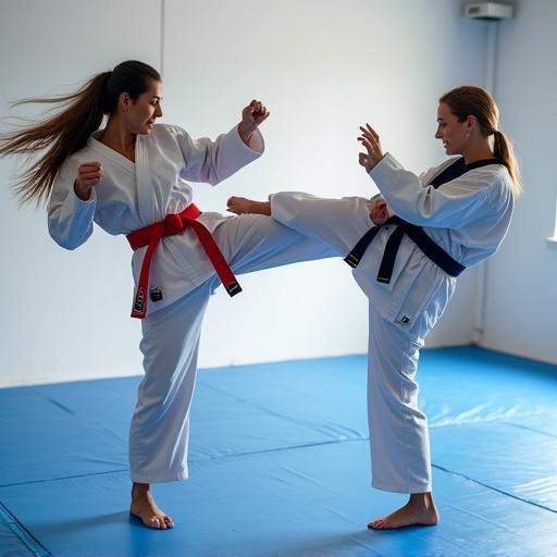 Dynamic martial arts training session in a gym. Two women engaged in sparring. One woman executing a high kick. She is wearing a red belt and white uniform. The opponent has raised arms in defense. She wears a light blue uniform with a black belt. Blue gym floor and white walls create a focused environment. Atmosphere is intense and action-packed.