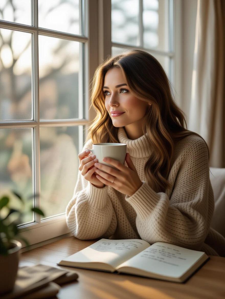 Woman sitting by a window holding a cup of tea. She looks outside with a calm expression. Soft morning light fills the room. A notebook with handwritten reflections is on the table. Environment feels peaceful with a sense of clarity.