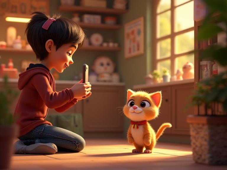 A cute cat stands in a small neighborhood store. A smiling shop owner films it with a smartphone. The scene has Pixar 3D animation style and warm lighting. The background features a cozy shop ambiance.