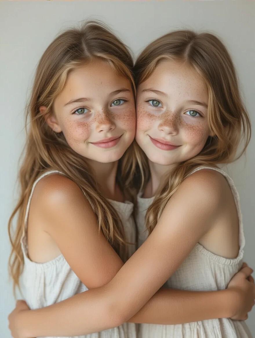 Two girls hugging smiling at the camera. One girl with freckles. Light hair. Lightly dressed. Neutral background. Friendly warm expressions. Waist-up photo.