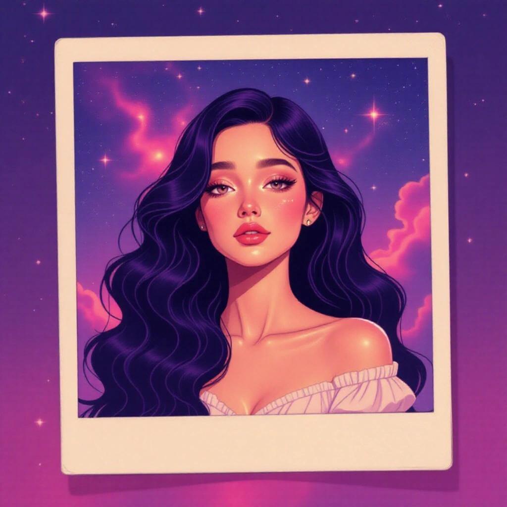 Polaroid image featuring a stunning woman with cosmic backdrop. Woman has long flowing black hair and pale golden skin. She wears a strapless gown with shimmering fabric. Background includes stars and nebulae in purple and pink hues. Computer screen features coded text in green, blue, red, and white over dark background. The image combines beauty with a tech-inspired atmosphere.