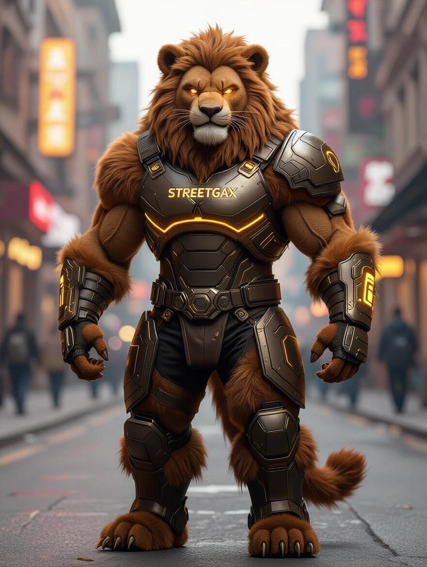 Ultra-detailed character design focused on street fashion. Humanoid lion creature with brown plush fur. Muscular build with intricate fur textures and shining golden highlights. Wears futuristic streetwear armor featuring leather and metal. Glowing amber trims and 'StreetGax' emblem on chest plate. Fierce expression and glowing eyes. Photorealistic with cinematic shadows. High resolution and no background.