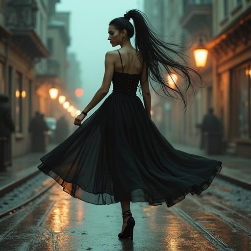 A woman dressed in an elegant black party dress stands in an empty urban street. She has a high ponytail and heels. The environment is moody and slightly foggy.