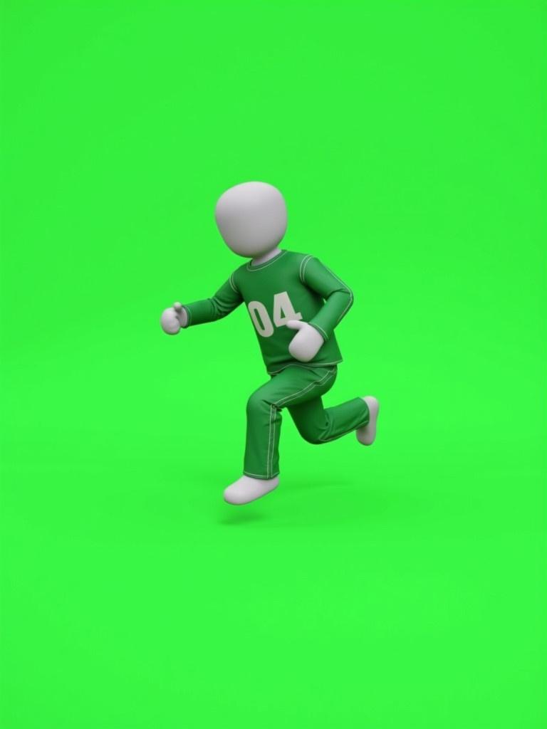 A stickman figure wears a green pajama labeled 04. The stickman runs appearing scared. The color of the background is green screen.