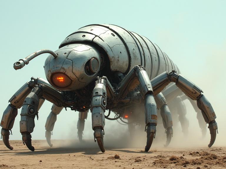 Cinematic live action image of a huge 50 ft centipede robot. The robot features a silver rough and gritty texture. The design includes a biomechanical look with an organic exoskeleton. The scene shows dust and dirt with glowing orange-red LED lights. The background is a sunny blue sky, highlighting the realism and details of this sci-fi concept.