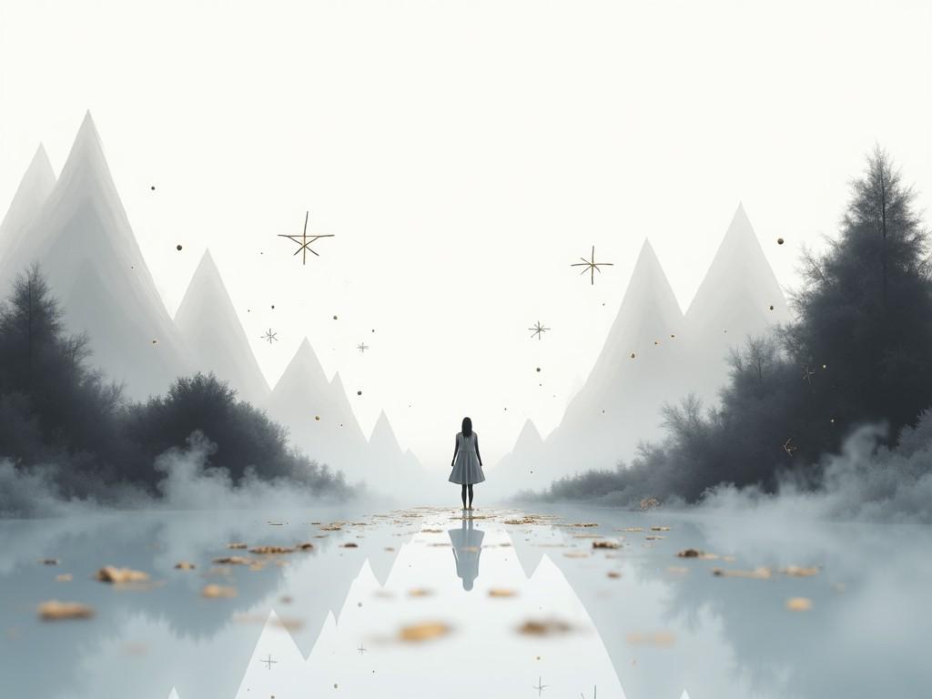 A surreal, dreamlike landscape featuring a lone figure standing in the center of a reflective body of water, surrounded by misty, triangular mountains and abstract star-like symbols in the sky, with a minimalist, ethereal style.