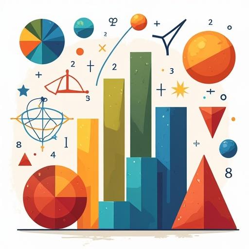 Illustration for elementary mathematics. Features colorful bar graphs pie charts and various geometric solids. Includes formulas like area surface area and volume. Represents concepts suitable for kids. Bright colors attract attention.