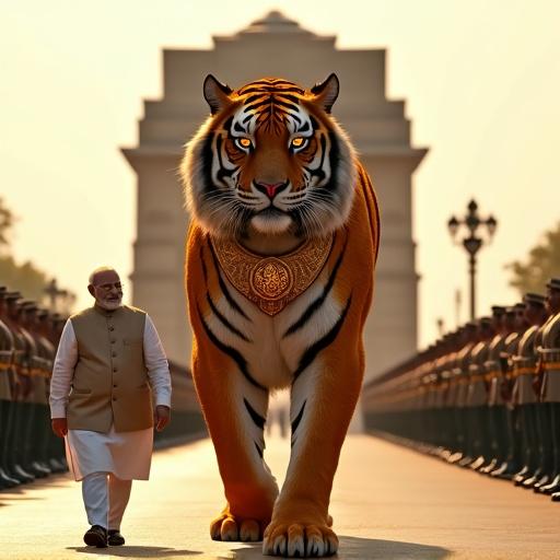 Hyper-realistic cinematic photo of Indian Prime Minister walking down Rajpath Avenue in New Delhi. Colossal humanoid tiger warrior stands upright beside him. The tiger has fiery orange fur, black stripes, golden armor, and glowing amber eyes. Soldiers in ceremonial uniforms are in the background. Bright natural daylight enhances the ultra-detailed scene.