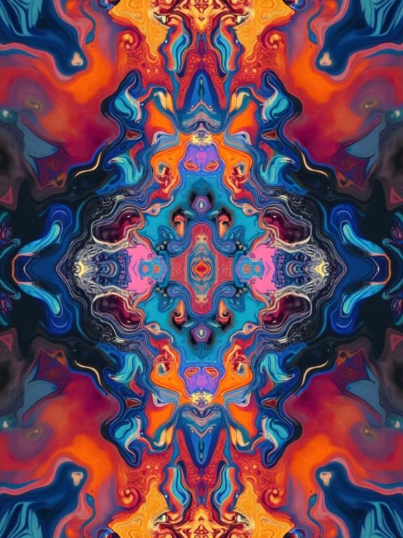 This image features a vibrant abstract design with symmetrical patterns. Various colors blend beautifully creating a mesmerizing visual. The design showcases an artistic interpretation of dimensions in art.