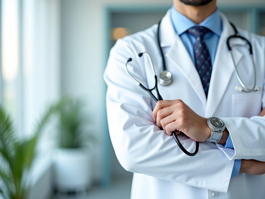 Global medicine and healthcare concept. A doctor stands in a clinic with a stethoscope in hand. The shot is a close-up focusing on the doctor's arm, showcasing the stethoscope resting comfortably. The background conveys a clinical environment, with soft, blurred elements that suggest a professional medical setting. The doctor's attire is crisp, with a white coat and a patterned tie, exuding confidence and professionalism. The lighting is bright, emphasizing the clean and sterile ambiance of the clinic.