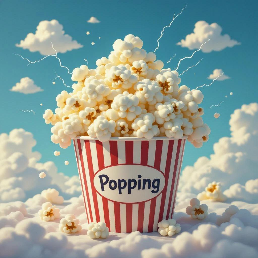 A whimsical popcorn bucket overflowing with fluffy cumulus clouds. Each cloud has soft flashes of lightning. Soft textures and dynamic atmosphere are emphasized.