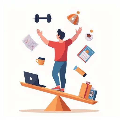 Illustration of a man balancing aspects of life. Centered man on a balance beam. One side shows laptop, coffee, and papers. Other side shows dumbbells and yoga mat. Surrounding elements include pet, family photos, and books. Modern cartoon style. Positive and energetic mood.
