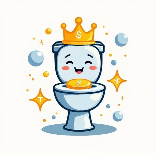 Modern logo with a cheerful toilet. Toilet wears a golden token crown. Surrounded by playful bubbles and a spark representing blockchain technology. Clean lines and minimal colors. No text. Simple background.