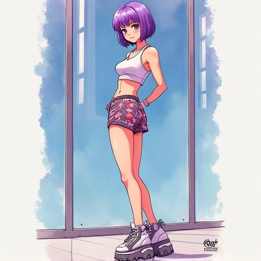 Watercolor painting features a young woman with short violet hair, slim muscular body. She wears a short plastic top and sport shorts with anime print. Her footwear consists of high platform sneakers with a metal nose. She stands with her legs crossed and arms behind her back, slightly leaning into the camera. A background of mirrors is present in the image, styled in the manner of Yuumei.