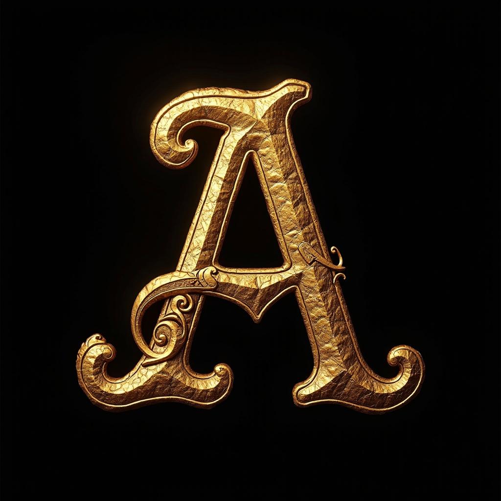 Luxurious golden letter A with intricate engravings on a black background