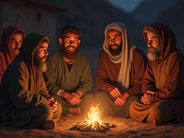 Villagers listening to Enoch's story with glowing hope in their eyes. Realistic style under warm firelight. The people are gathered in a circle.