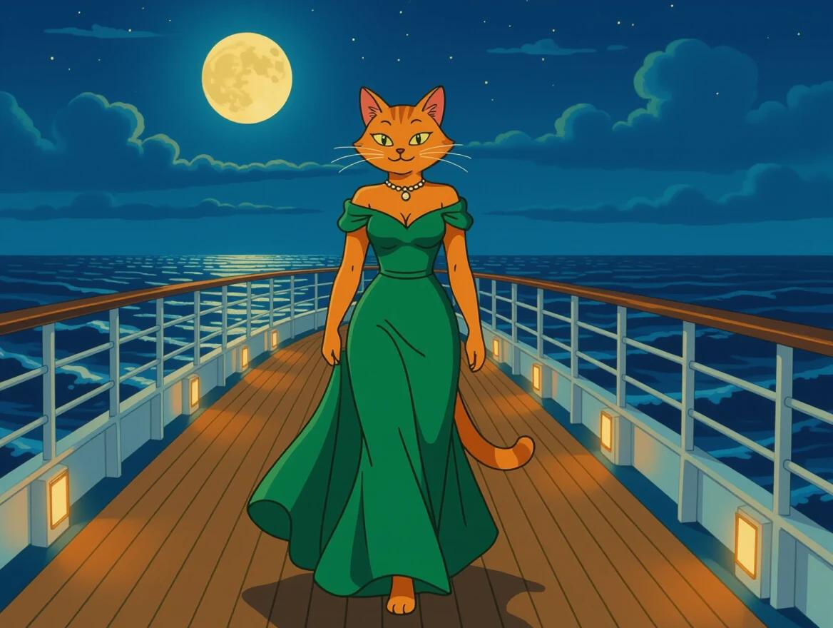 Night scene at sea with a walking orange cat. Cat wears a long emerald green dress and shows a wicked smile. Confident posture on a cruise ship deck under the full moonlight. Ocean waves in the background create mystery and tension.