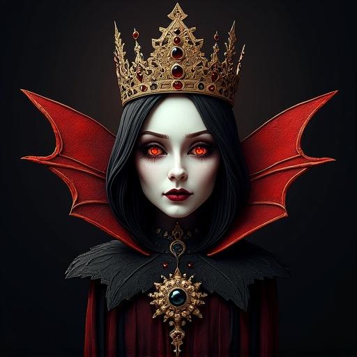Gothic horror styled symbol of a queen featuring a regal figure in dark attire. Queen holds a red heart with an imposing castle window behind.