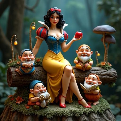 Sensual Snow White sits on a log in an enchanted forest. She has a blue corset and yellow skirt. Holding a red apple with a provocative expression. Surrounded by seven dwarfs in different poses. The log is covered in roots and flowers with glowing mushrooms and lanterns.