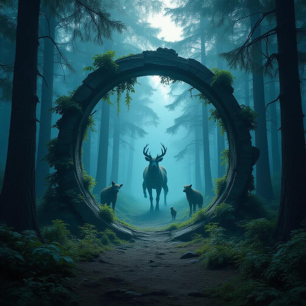 A mysterious forest portal opens up to a new realm. Strange creatures gather around a grand stag. Hyper-realistic visual style captures the serene environment. Scene is alive with vivid colors and cinematic quality.