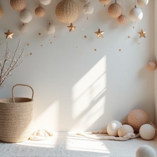 Photo studio style background made with balloons. Clean floor covered in cotton resembling snow. Light tones in decoration. Birthday decoration with gold balloons and stars. Natural lighting with few shadows.