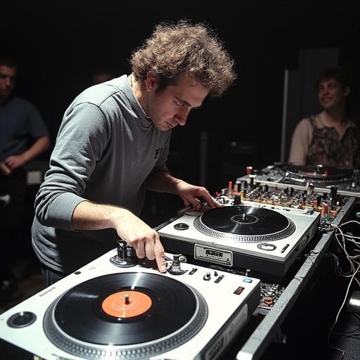 DJ Asbjorn Erichsen competes at the Orofon World DJ Mixing Championships in 1992. He performs turntable tricks quickly. He uses two turntables. The event showcases DJ culture. Music enthusiasts observe.