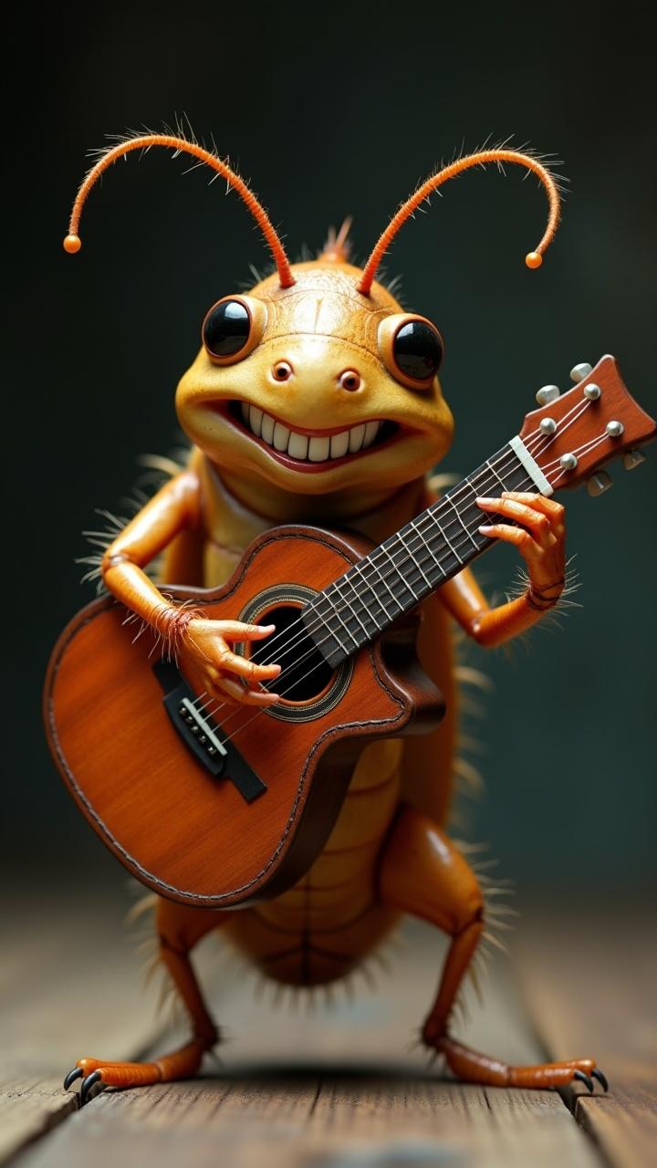 A cheerful cartoon insect playing a guitar with a big smile, standing on a wooden surface. The insect has exaggerated cartoon features with large eyes and antennae, giving a playful and friendly appearance.