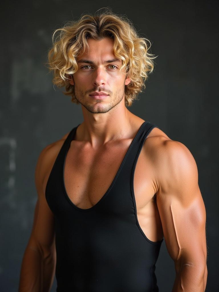 A muscular man wears a black wrestling singlet. He has curly blonde hair. The focus is on his arms and torso. The background is neutral and blurred. The lighting enhances muscle tone.