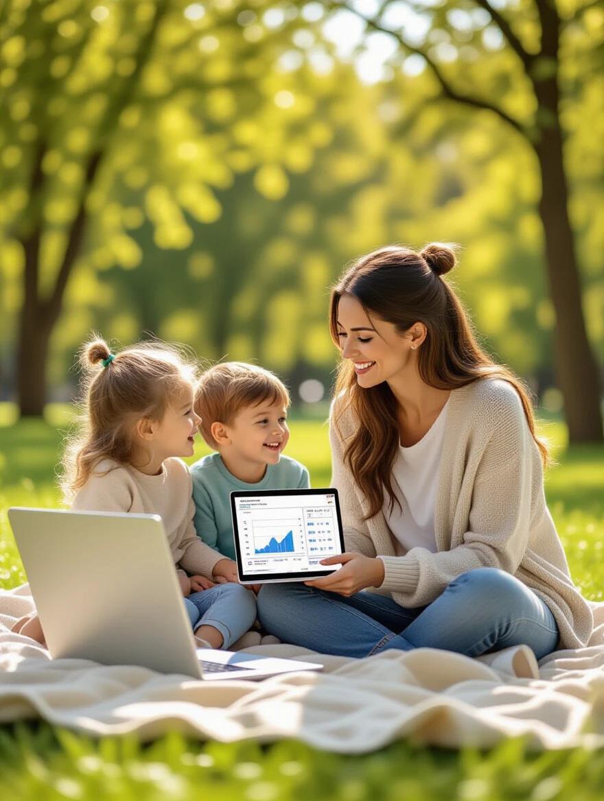 Photographic image depicting a joyful mother and her children in a park. Mother plays with two kids. Laptop displays growth charts. Lush greenery surrounding them. Natural light enhances vibrant colors. Scene conveys happiness and freedom.