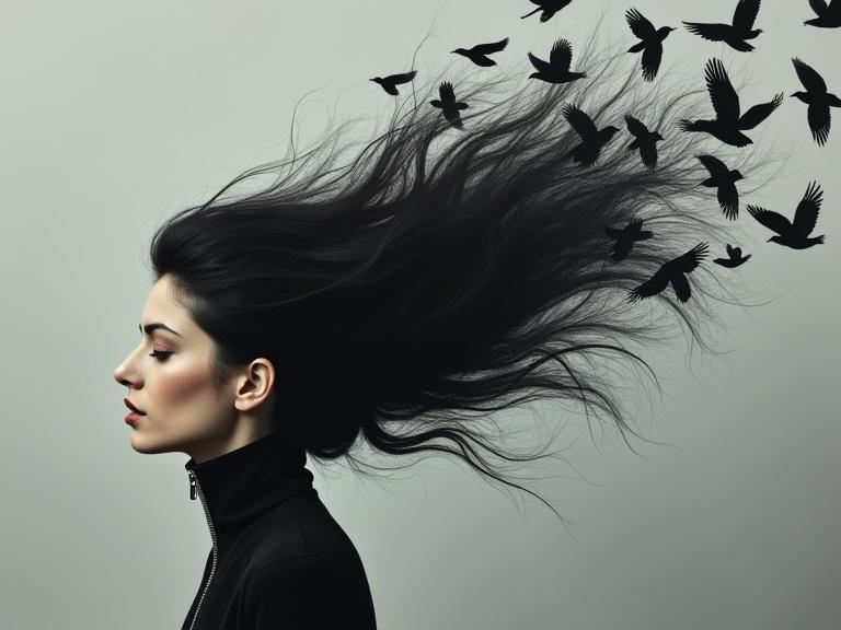 Surreal artistic image of woman's profile showing a black zipper on head. Zipper reveals dark flowing hair turning into black birds flying outward. Muted grey background enhances contrast with woman's pale skin. Themes of liberation and transformation.