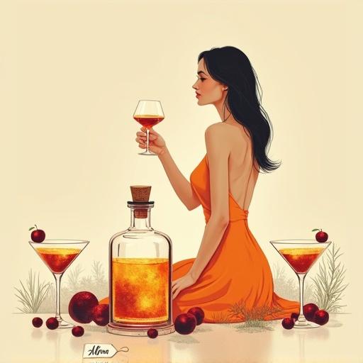 Minimalist screen printing artwork in a lush orchard. A woman in her mid-thirties holds a cocktail glass. She wears a short sun-dress. An apothecary bottle filled with shimmering elixir is nearby. It has a cork lid and a hang tag that says 'ALFRUNO.' Two identical cocktail glasses are on either side of the bottle. The background is beige. The mood is mysterious, elegant, and vibrant.