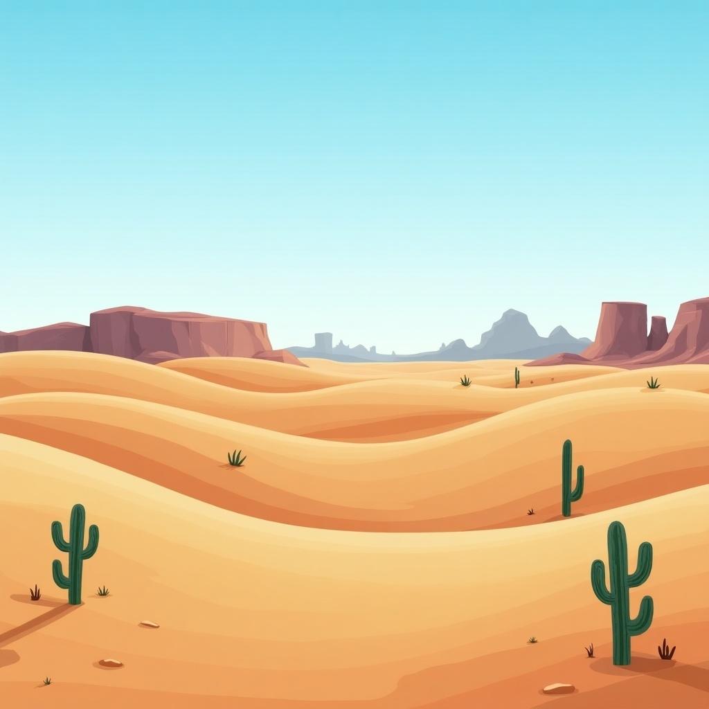 This image depicts a serene desert landscape under a clear blue sky. The scene features rolling sand dunes that create a sense of vastness. A few green cacti are scattered throughout, adding a vibrant contrast to the sandy tones. In the background, distant rock formations add depth to the landscape. The overall atmosphere conveys tranquility and the beauty of nature.