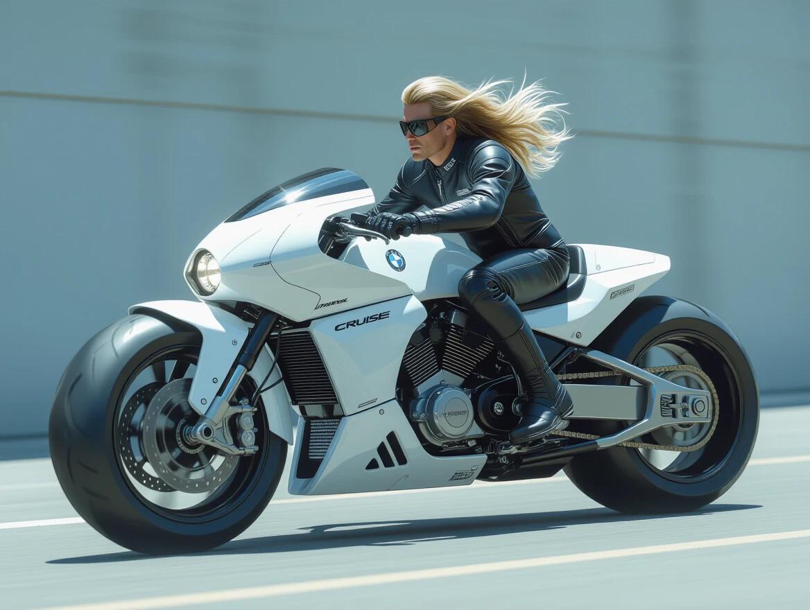 Tom Cruise styled character with long hair rides a futuristic white motorcycle. Motorcycle features large dirt tires and retro design elements reminiscent of the 80s. The scene captures a dynamic and high-speed environment with a nod to sci-fi themes.