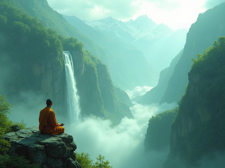 Dramatic digital painting of a hidden valley in the Himalayas. Mist shrouded valley illuminated by light shafts. Towering waterfalls cascade down green cliffs lost in clouds. Lone figure meditates on rocky outcrop. Orange robes contrast against green, silhouette showing immense scale.