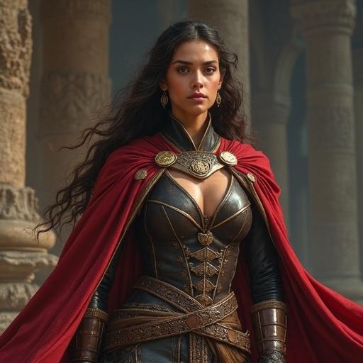 A brave and strategic female commander from Velaria. She has dark hair and wears a beautifully detailed costume with a red cape. Her expression is confident and wise, showcasing loyalty and strategy in a fantasy setting.
