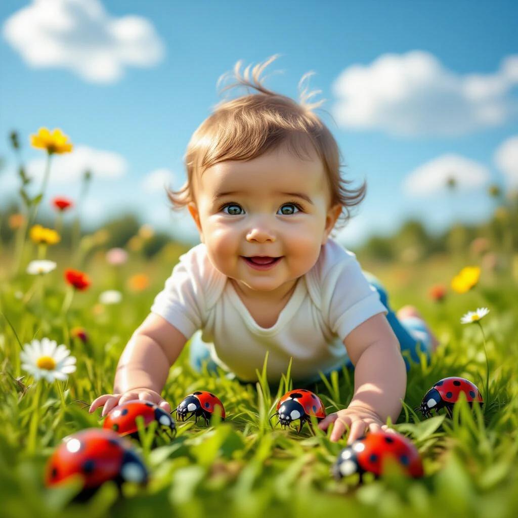 Hyper-realistic image of a curious baby crawling amid ladybugs in a grassy field. Blue sky with clouds. Sunlight shining brightly. Colorful flowers surrounding. Joyful atmosphere.