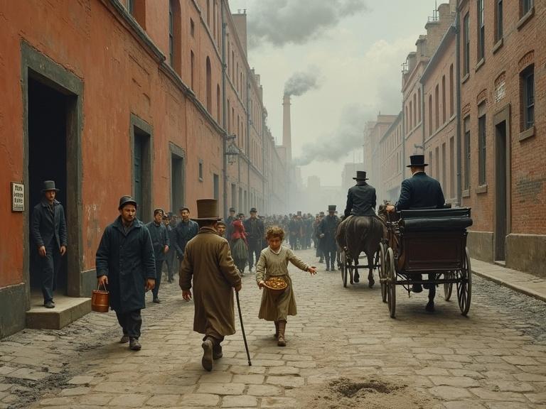 Realistic depiction of factory workers on an industrial street in the late 19th century. Soot-covered men, women, and children emerge from buildings. A child holds bread while another looks at a gentleman in a horse-drawn carriage. A barefoot girl carries a heavy bucket of coal. Movement and tension present in the scene, with poverty and power juxtaposed. Warm earthy colors used. Soft brushstrokes on canvas. No text present in the image.