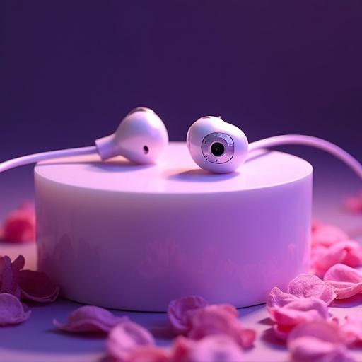 Photograph shows elegant in-ear headphones on a sleek cylindrical podium. Headphones have pearl-like finish with silver accents. Cables coiled beside. Scattered cherry blossom petals around. Purple neon lighting highlights the scene. Soft dark gradient background enhances focus on headphones.