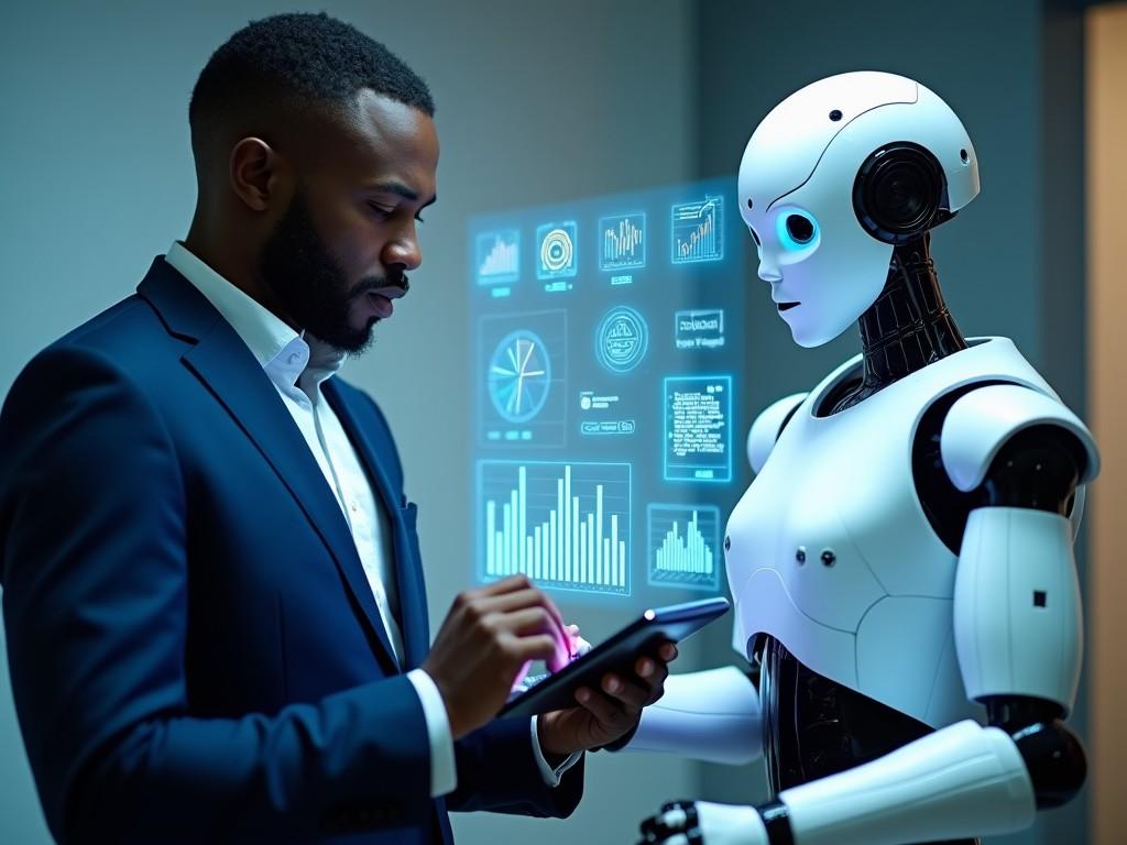 A professional interaction between a businessperson and a robot, with digital data displays in the background.