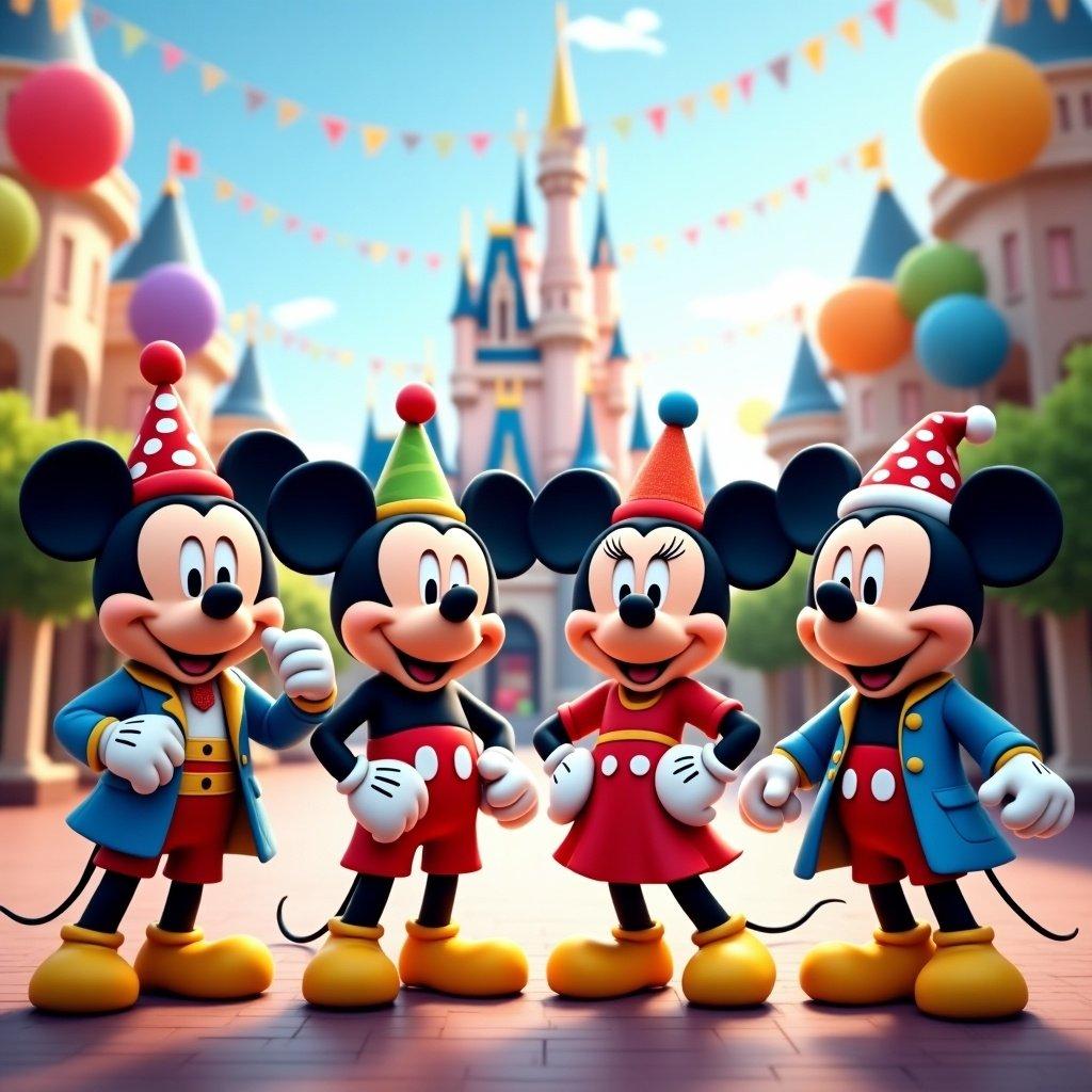 Colorful celebration scene features four Mickey Mouse characters wearing festive outfits in front of a castle surrounded by balloons and flags. Bright atmosphere with a sense of joy and happiness.