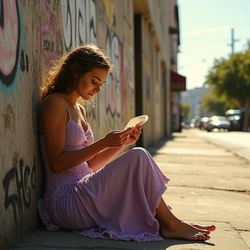 Woman in lilac dress leans against graffiti wall. Clutches crumpled receipt. Sunlight illuminates scene casting shadows. Bare feet show beneath dress. Urban backdrop with distant diner neon lights. Soft breeze through alley. Focus on woman’s sharp face and expression.