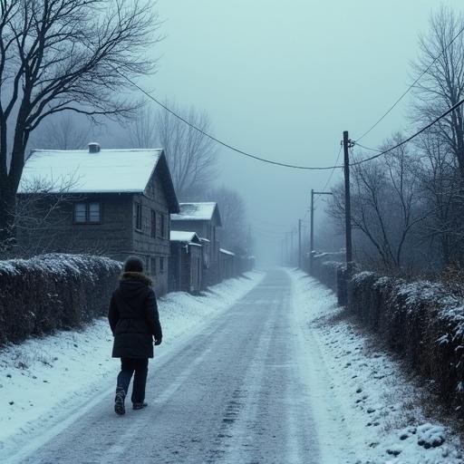 A small, old city surrounded by fog. Stone houses in a cold climate. A person walks on a snowy road.