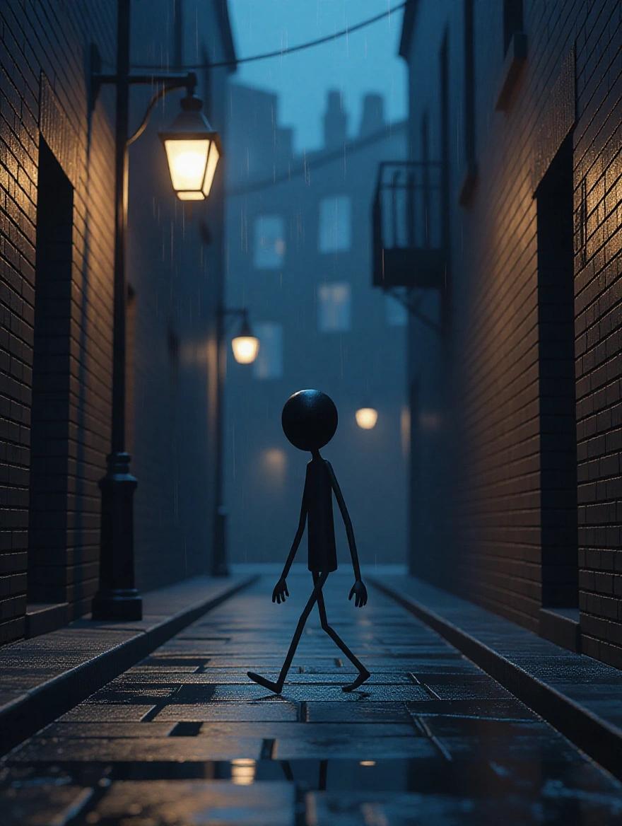 A faceless miniature stickman is walking through a rain-soaked alley. The character moves with fragile movements. The alley is dimly lit with a flickering streetlight. It's a cinematic noir style with moody lighting. The scene features a blue-black color grading and has a high-contrast chiaroscuro lighting effect. The atmosphere conveys a sense of weariness and solitude.