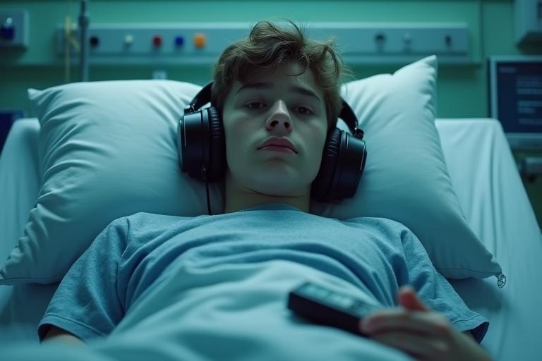 Teenage boy lying on hospital bed wearing hospital gown. Headphones around neck. Holding TV remote control on lap. Looking down, appearing thoughtful and emotionally distant. Clean soft lighting in typical hospital room. Subtle bluish tint for cinematic effect. Simple background with medical equipment but no screens. Realistic digital art.