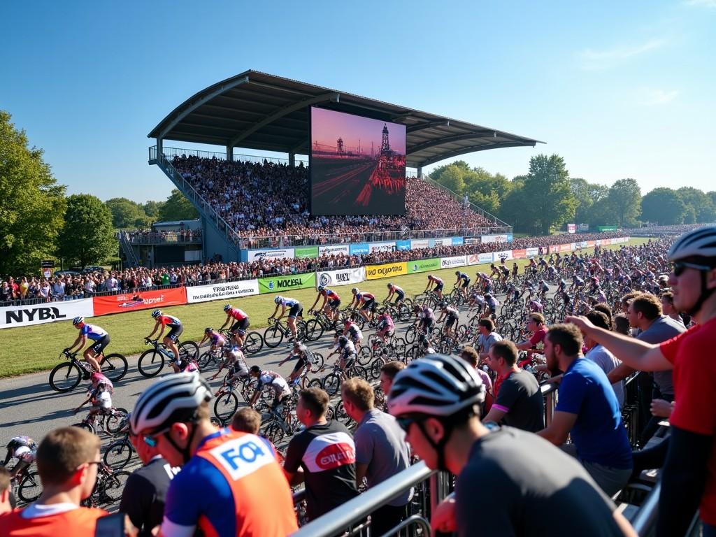 This image captures a thrilling cycling event where numerous cyclists are racing past a cheering crowd. The scene is set in an outdoor stadium filled with enthusiastic spectators. A large screen displays the action, enhancing the experience for fans. The day is bright and sunny, making the colors vibrant and lively. Cyclists are seen in dynamic jerseys, showcasing their speed and passion for the sport. The atmosphere is electric, demonstrating strong community support for the event.