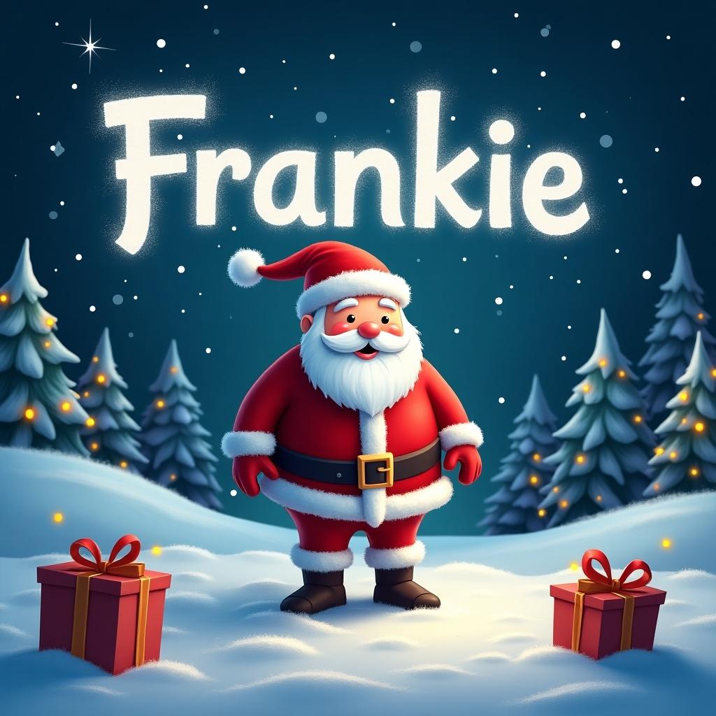 Santa Claus stands in the snow in a magical winter scene. Christmas lights glow around him. Gifts are placed in the snow. The sky is starry with the name 'Frankie' in frosty letters surrounded by sparkles.