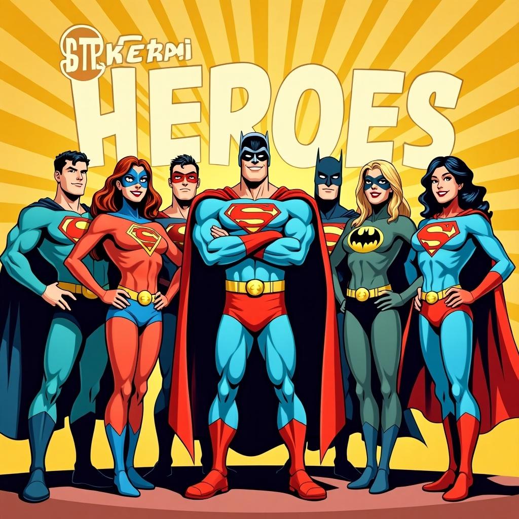 Iconic comic book-style image of DC superheroes together. Each hero shows unique costumes. Heroes display super crests on their chests with $TRP. Light-hearted mood in classic comic book style. Background features $TRP HEROES.