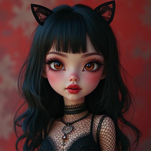 Portrait of a gothic girl with cat ears. She has dark hair and striking orange-brown eyes. Wearing a lace outfit and a choker. Background features soft dark tones.