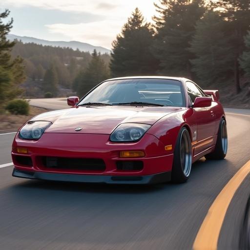 A red sports car driving on a winding road. The car is slightly lowered and has a sporty body kit. Background has trees and mountains, showcasing a scenic landscape. Soft warm lighting illuminates the scene.