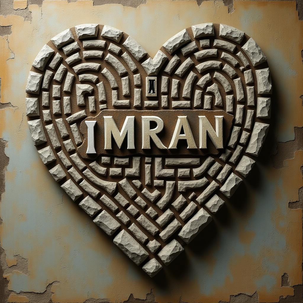 Heart-shaped structure made of stone blocks. Letters IMRAN at the center. Intricate labyrinth-like stone arrangement. Textured aged surface with rustic appearance.